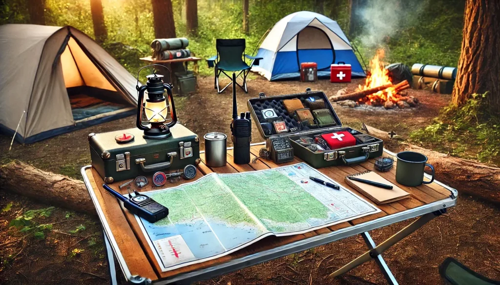 campamento con planos encima de mesa plegable de camping