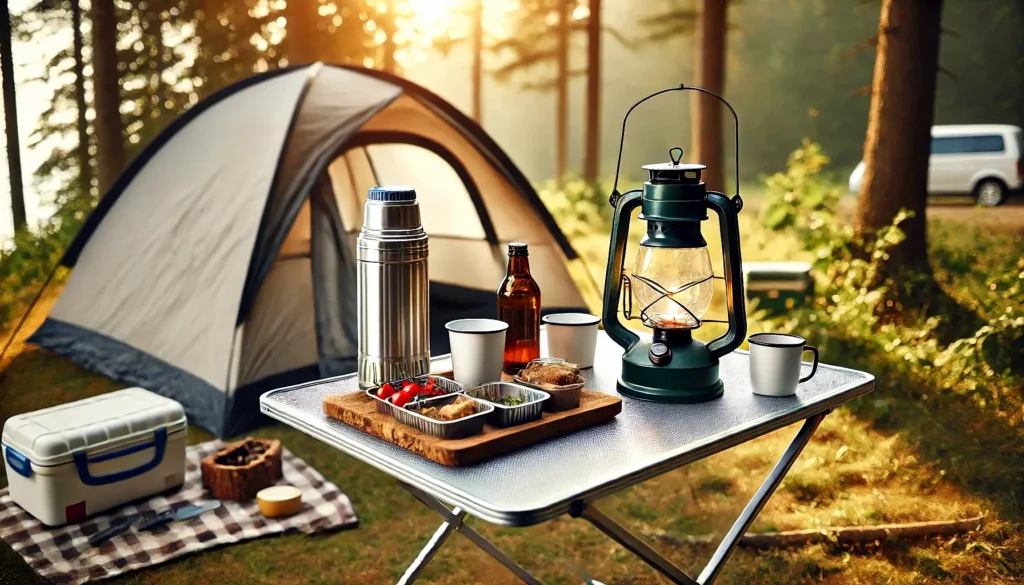 mesa de camping plegable con linterna, bebidas y comida