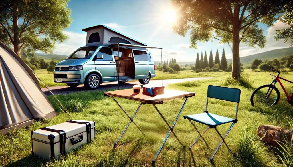 picnic con van, tienda y mesa plegable de camping